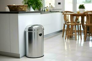 A modern stainless steel trash can in a contemporary kitchen. AI Generated photo