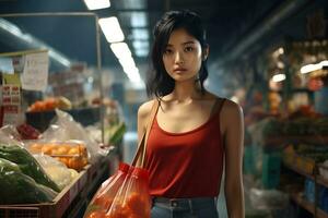 un mujer en pie en un tienda de comestibles Tienda participación un bolso de naranjas ai generado foto