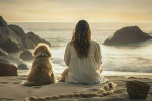 un mujer disfrutando un día a el playa con su peludo compañero. ai generado foto