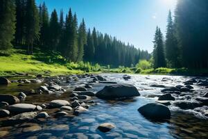 A serene river flowing through a lush green forest. AI Generated photo