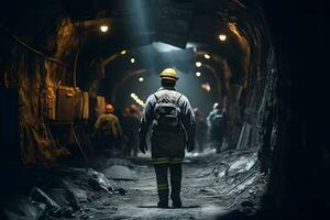 un hombre en un amarillo casco caminando mediante un túnel. ai generado foto