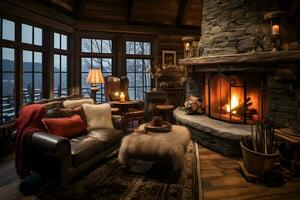 A cozy living room with a fireplace and comfortable furniture. AI Generated photo