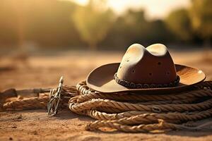 un vaquero sombrero descansando en un enroscado cuerda. ai generado foto
