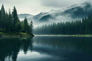 A serene lake nestled within a lush forest. AI Generated photo