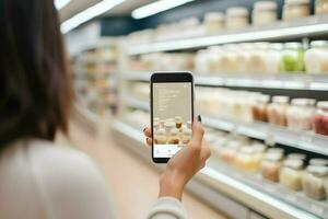 un mujer utilizando un teléfono inteligente mientras compras en un tienda de comestibles almacenar. ai generado foto