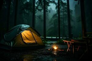 un acogedor hoguera esclarecedor un tienda en el encantador bosque. ai generado foto