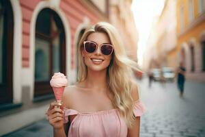 un rubia niña disfrutando un vistoso hielo crema tratar en un soleado día. ai generado foto