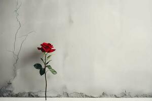 un hermosa rojo Rosa en contra un roto blanco pared. ai generado foto