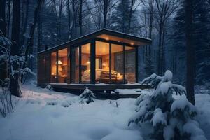 un acogedor cabina anidado en un invierno mundo maravilloso bosque. ai generado foto