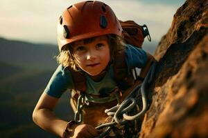 un joven chico excursionismo arriba un montaña con un protector casco. ai generado foto