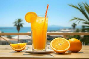 un refrescante vaso de naranja jugo con recién rebanado naranjas en el lado. ai generado foto