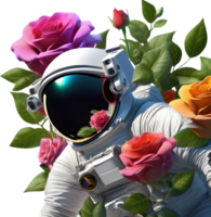 astronauta dentro espaço preenchidas com colorida rosas. gerado por IA png