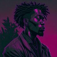 Illustration of a black rapper in a purple and green duotone style, ai generative photo