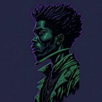 Illustration of a black rapper in a purple and green duotone style, ai generative photo