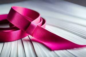 pink ribbon on white table, symbol of strength, ai generative photo