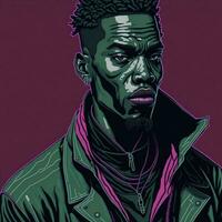 Illustration of a black rapper in a purple and green duotone style, ai generative photo