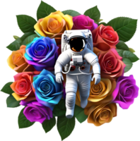 Astronaut in space filled with colorful roses. AI-Generated png