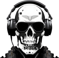 Skull wearing headphones. AI-Generated. png