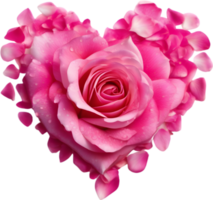 Pink rose petals arranged in the shape of a heart. AI-Generated. png