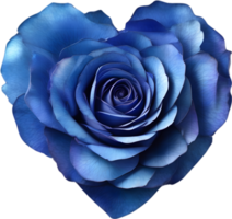 Blue rose petals arranged in the shape of a heart. AI-Generated. png