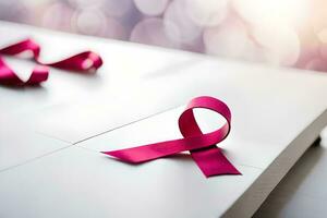 pink ribbon on white table, symbol of strength, ai generative photo