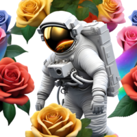 Astronaut in space filled with colorful roses. AI-Generated png