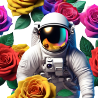 astronauta dentro espaço preenchidas com colorida rosas. gerado por IA png