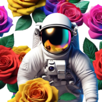 Astronaut in space filled with colorful roses. AI-Generated png