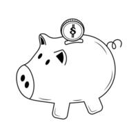 Piggy bank with a coin doodle icon. Saving, investing and accumulation money concept. vector
