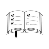 Open book with bookmark and check marks. Linear doodle icon. Diary with notes. Learning, knowledge, business, planning concept. vector