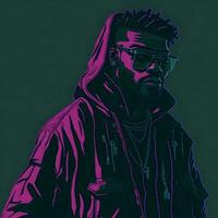 Illustration of a black rapper in a purple and green duotone style, ai generative photo