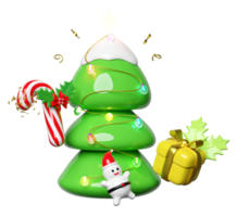 Natale albero con Santa claus, caramella canna con rosso arco, agrifoglio bacca foglie, bicchiere trasparente lampada ghirlande, regalo scatola. allegro Natale e contento nuovo anno, 3d rendere illustrazione png