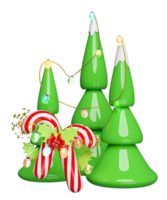 candy cane with red bow, holly berry leaves, christmas tree, glass transparent lamp garlands. merry christmas and happy new year, 3d render illustration png