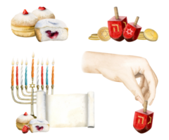 Hanukkah symbols watercolor illustration set. Jewish sufganiyot donuts, menorah with candles, dreidel, Torah scroll and coins png