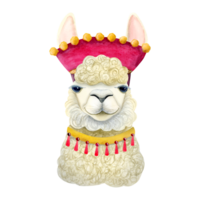 Watercolor cute alpaca llama with traditional decorations and accessories cartoon illustration in red pink colors for greeting card, poster and invitations png