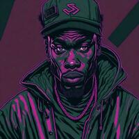 Illustration of a black rapper in a purple and green duotone style, ai generative photo