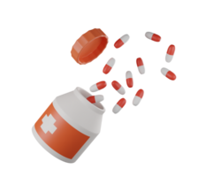 medicina bottiglia con pillole e capsule galleggiante su per medico uso, 3d interpretazione png