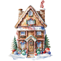 Watercolor gingerbread house. Christmas illustration. Holiday design AI generative png