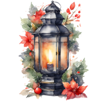 Watercolor Christmas lantern with burning candle. New year illustration. Holiday design AI generative png