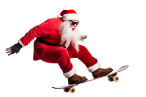 Häftigt santa klausul utför stunts ridning en skateboard. ai generativ png