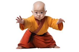 A very young Shaolin Kung Fu monk posing like professional. AI Generative png