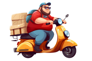 Delivery funny hipster fat man in googles on scooter. AI Generative png