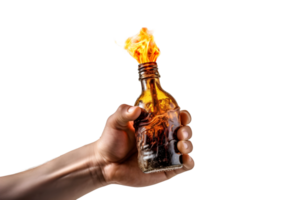 hand innehav en molotov cocktail. ai generativ png