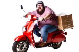 ai generativo imagen entrega gracioso hipster grasa hombre en googles y casco en scooter png