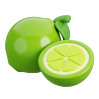 Fresh lime with cut in half isolated. Cartoon fruits icon. 3d render illustration. png