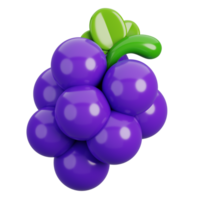 Fresh blue grape with leaves isolated. Cartoon fruits icon. 3d render illustration. png