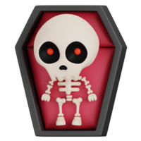 Funny Halloween Cartoon Character Skeleton in Coffin isolated. 3d Render Illustration png