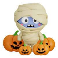 Funny Halloween Cartoon Character Mummy with Pumpkin Lanterns isolated. 3d Render Illustration png