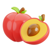 färsk persika frukt halv med blad isolerat. tecknad serie frukt ikon. 3d framställa illustration. png
