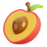 Fresh peach half with green leaf isolated. Cartoon fruits icon. 3d render illustration. png
